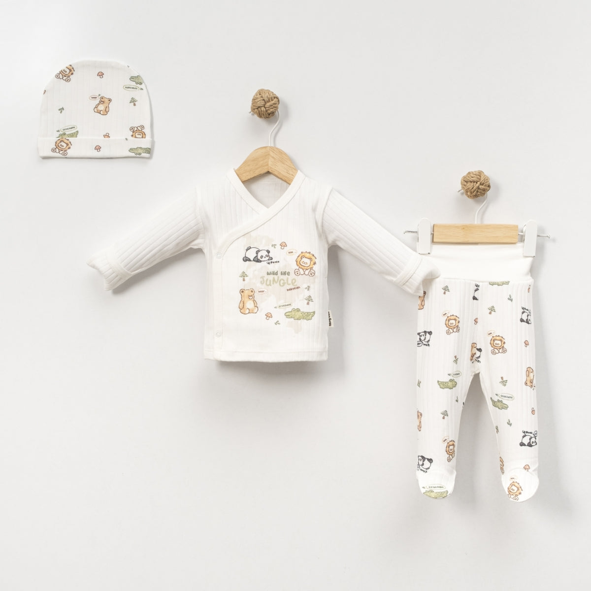 🌿 Mini Jungle Dostları Bebek Zıbın Takım 🦁🐼