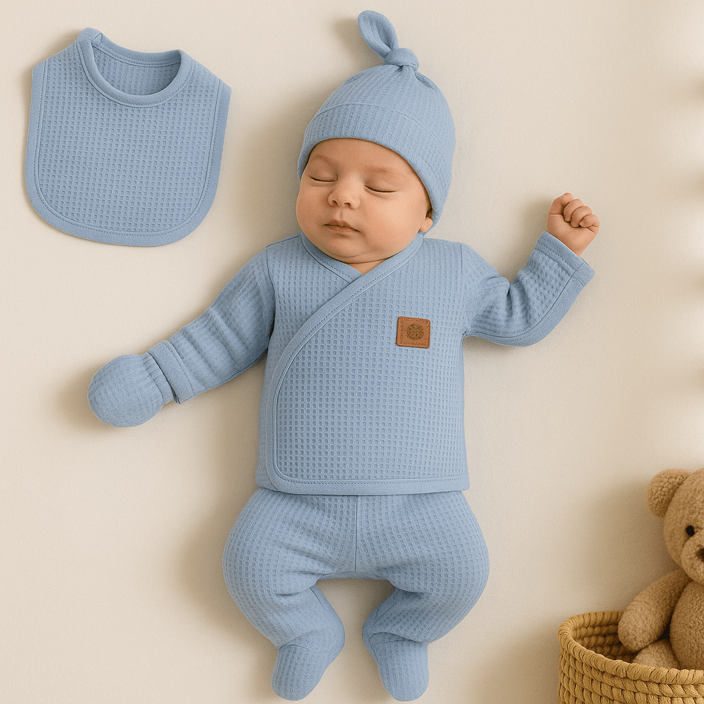 🌿 Pamuk Waffle 5'Lİ Bebek Zıbın Takımı – 0-3 AY 🌿 – KERAS BABY