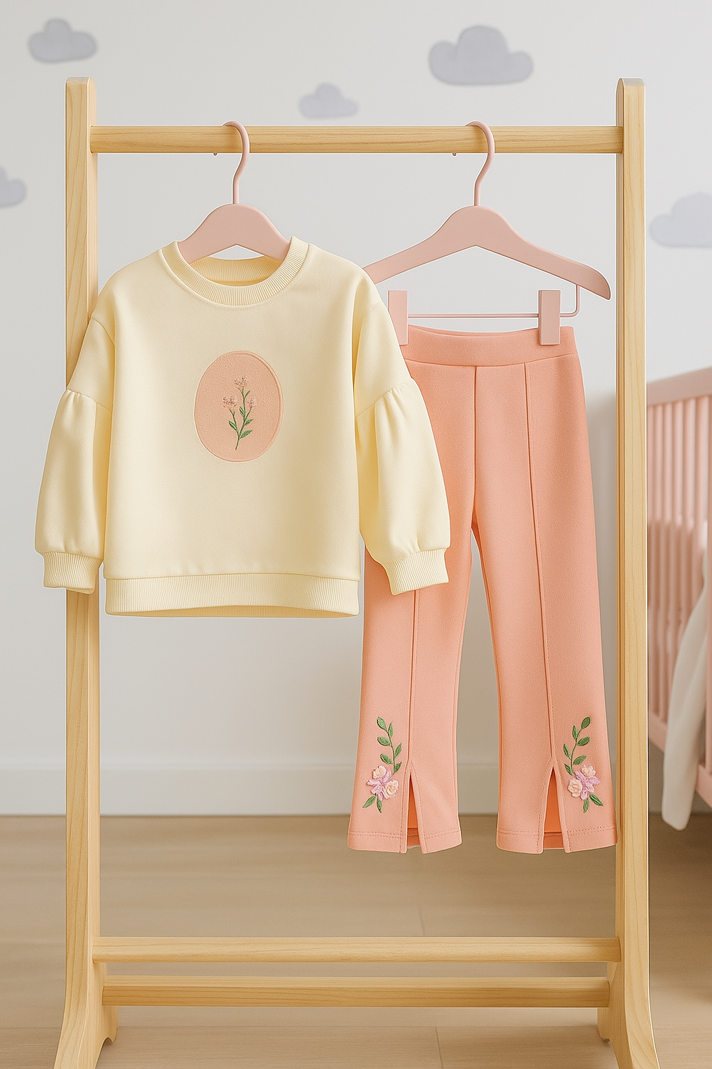 ÇİÇEK NAKIŞLI PENYE İKİLİ BEBE TAKIM