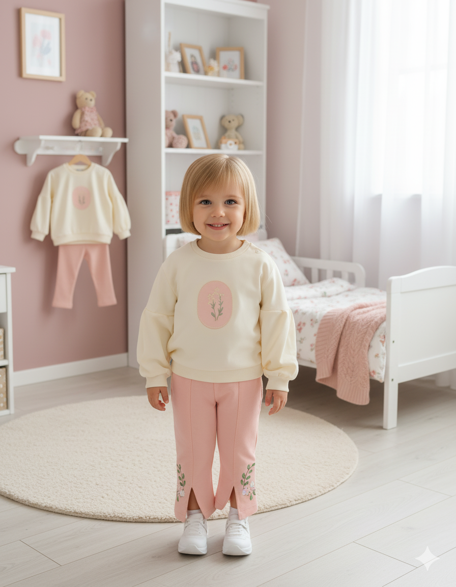 ÇİÇEK NAKIŞLI PENYE İKİLİ BEBE TAKIM