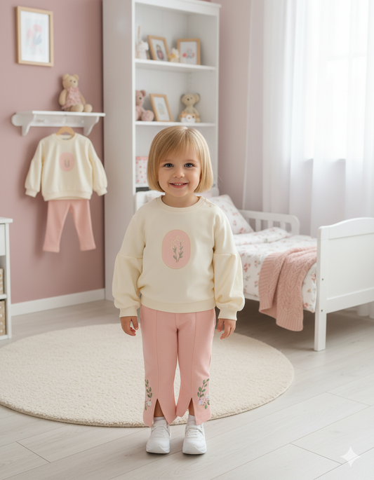 ÇİÇEK NAKIŞLI PENYE İKİLİ BEBE TAKIM