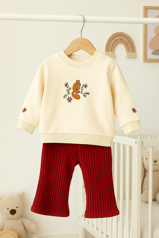 2-teiliges Mädchen-Set aus gekämmter Baumwolle mit Eichhörnchenstickerei