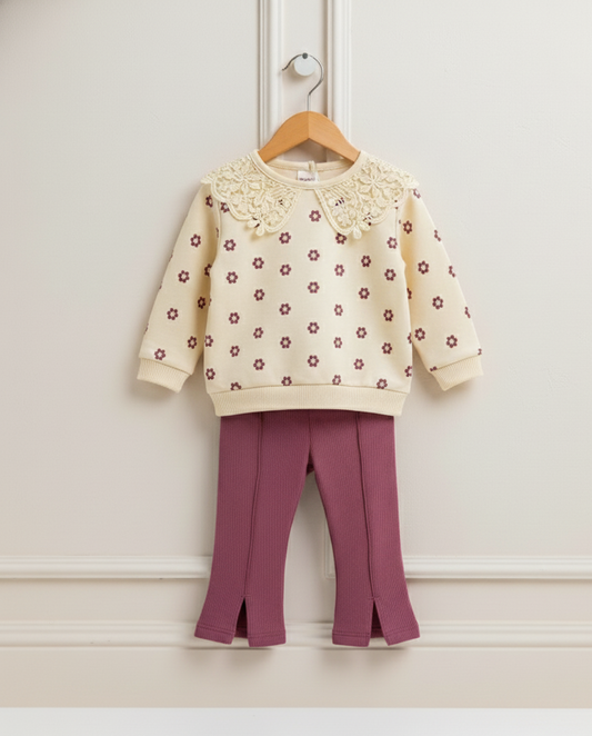 2-teiliges Baby-Set mit Spitzenkragen und Blumenmuster