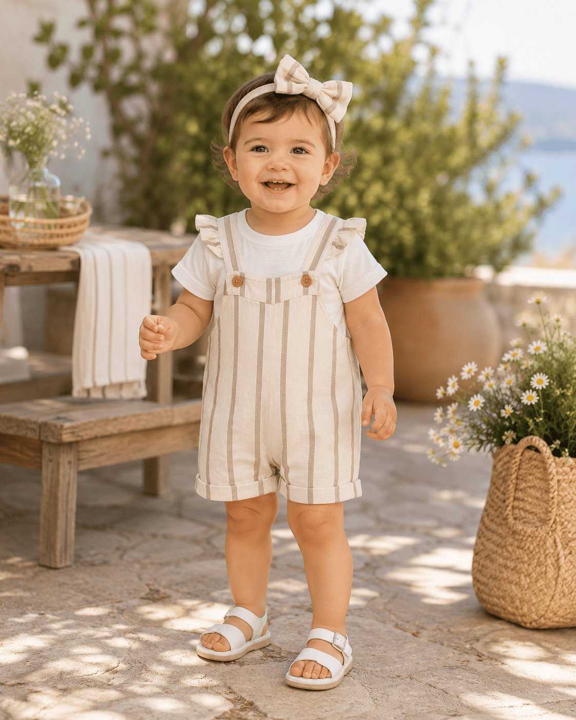 Doğal Çizgili Kız Bebek Salopet Takımı