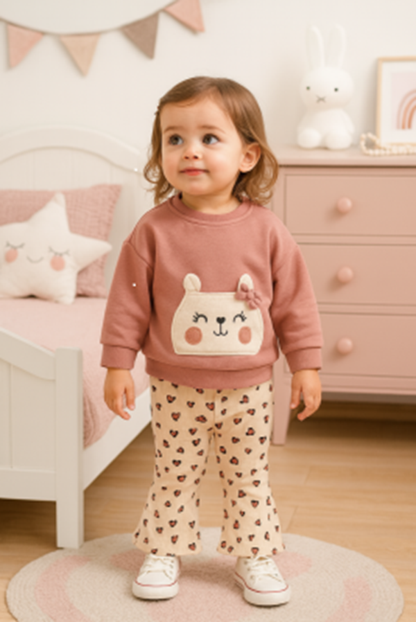 🧸 Tatlı Ayıcık Nakışlı Kalp Baskılı 2'li Bebek Takım